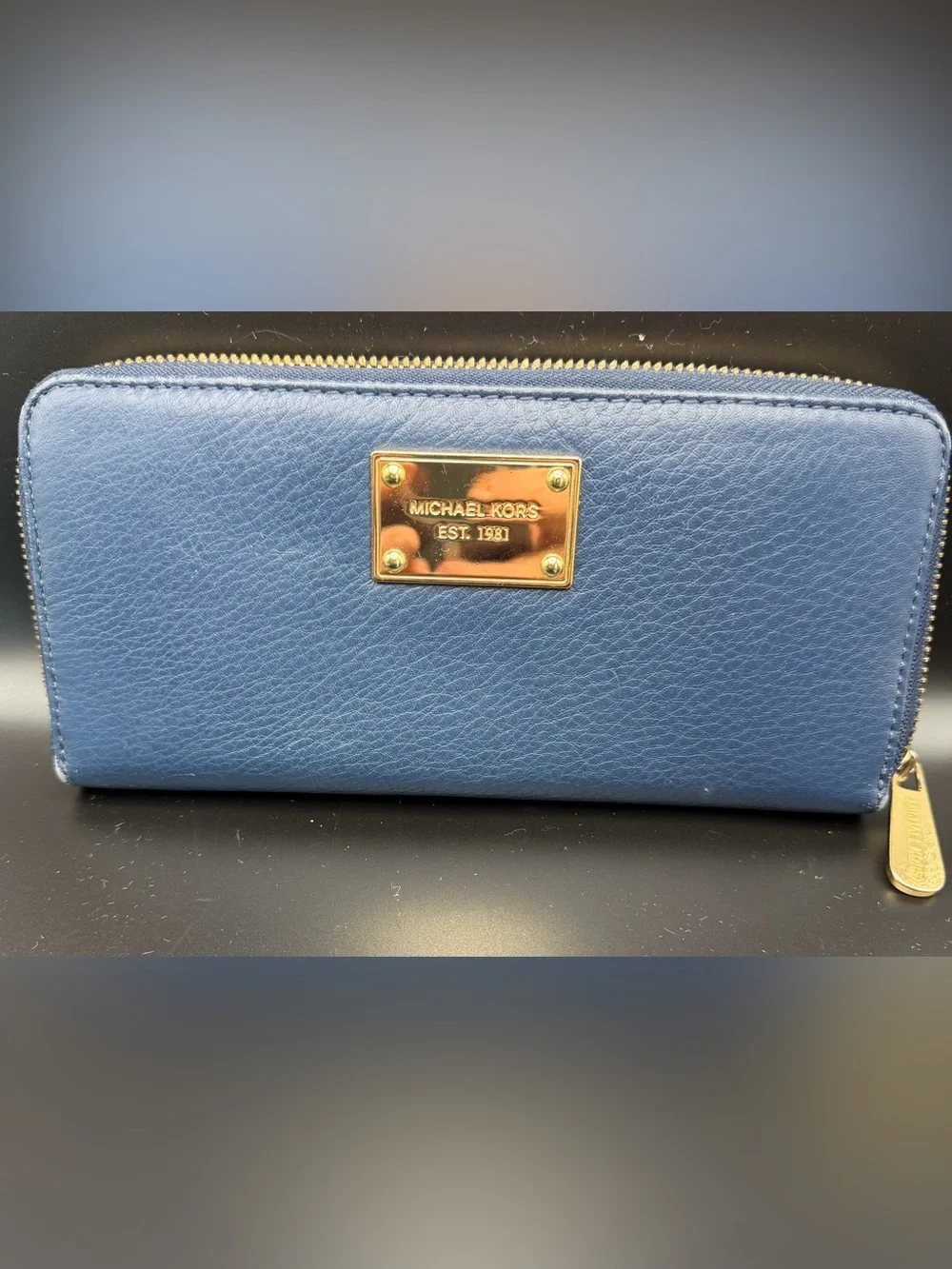 Michael Kors Navy Blue Leather Zip Wallet with Gold Plaque